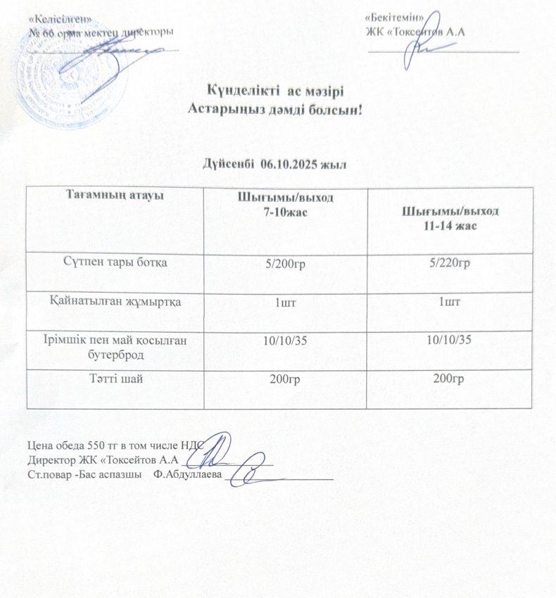Күндік ас мәзірі!