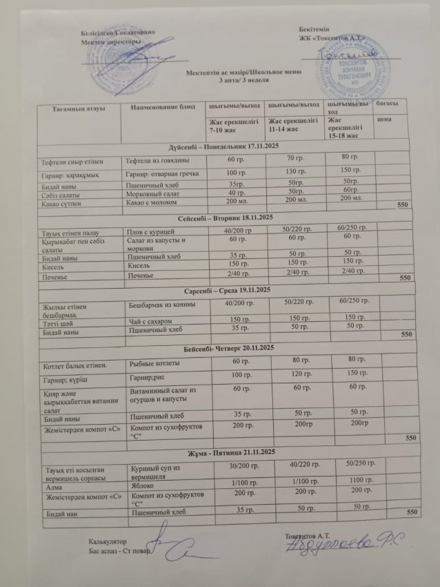 Апталық мәзір!