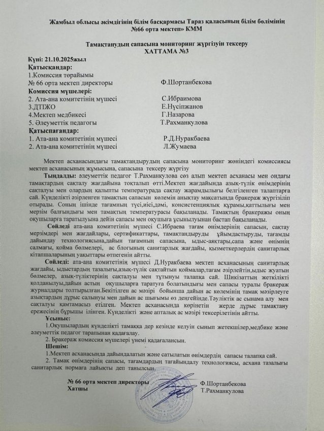 Тамақтанудың сапасына мониторинг жүргізі хаттамасы