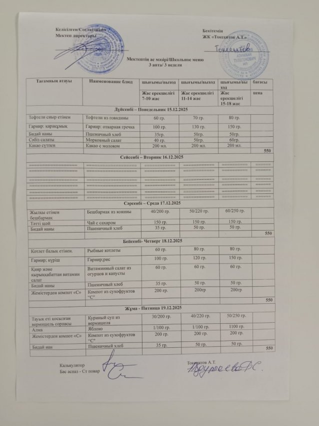 Апталық мәзір!
