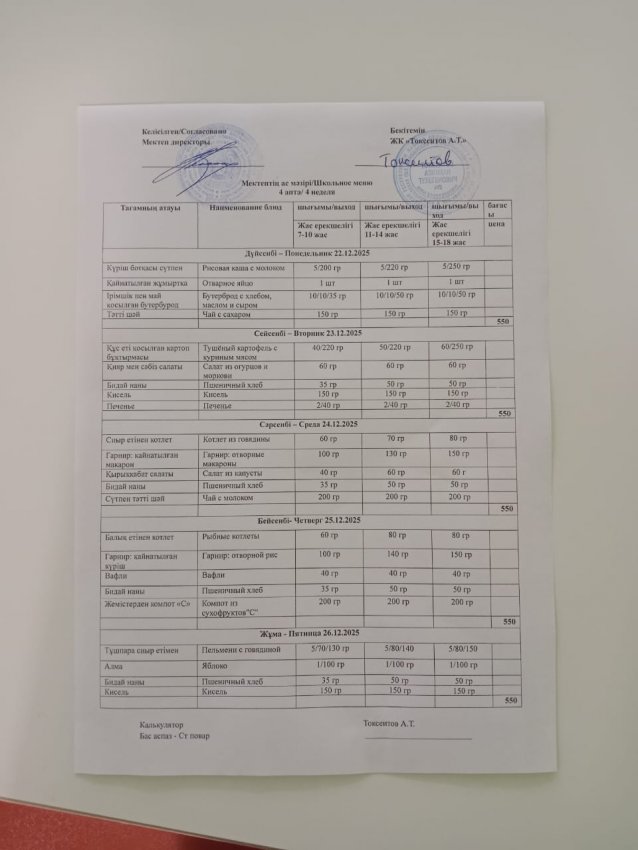 Апталық мәзір!