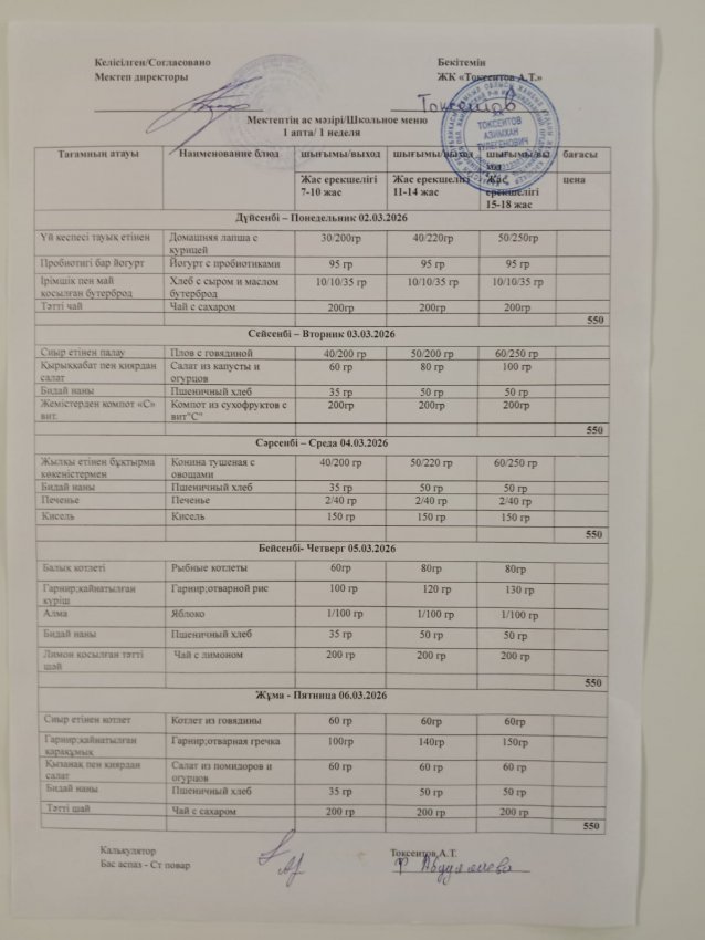 Апталық мәзір!