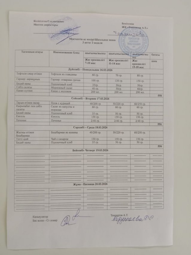 Апталық мәзір!